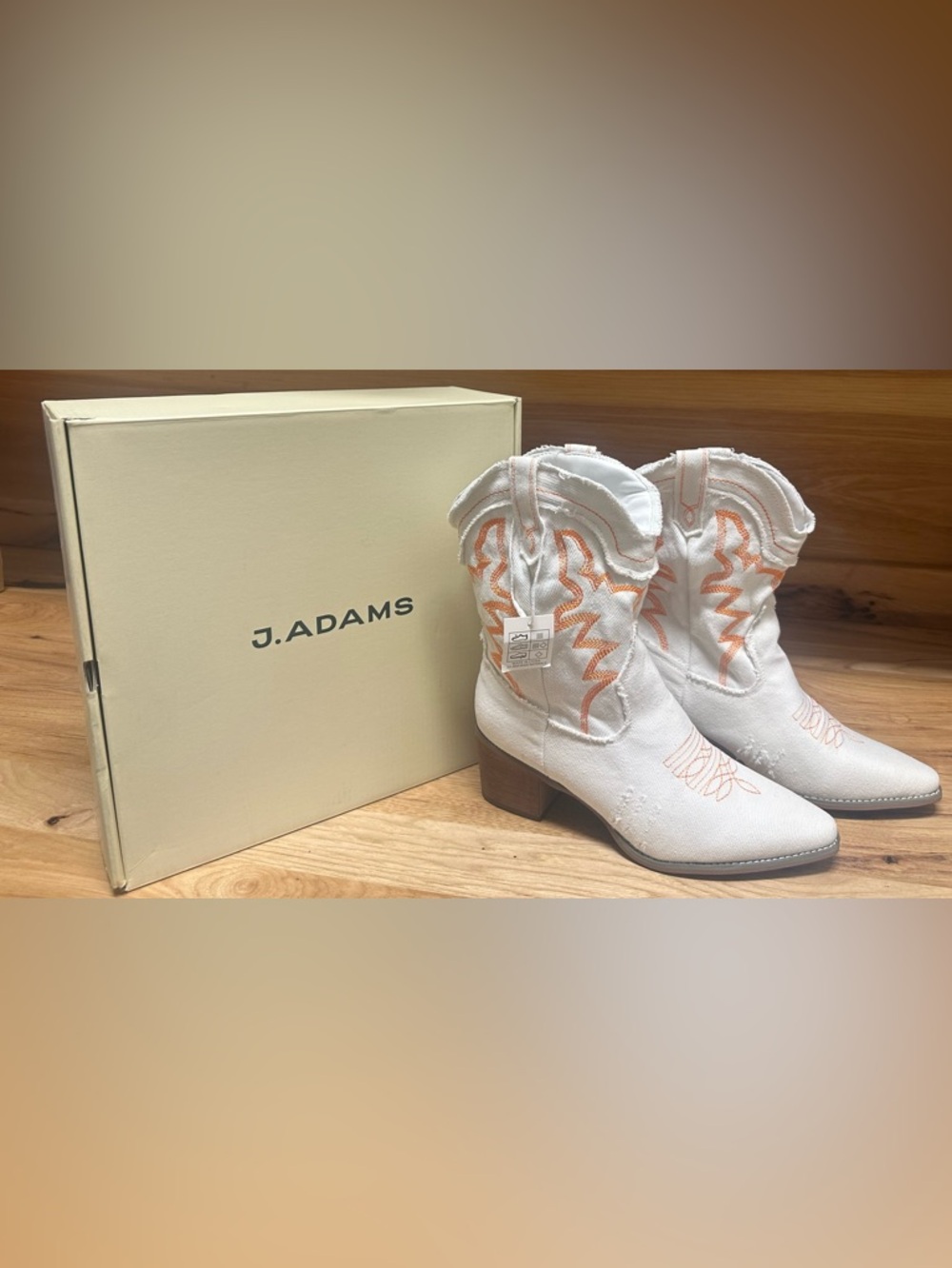 J. Adams Giddyup Mid-Calf White Denim & Orange Distressed Embroidered Boots NWT - Picture 4 of 7